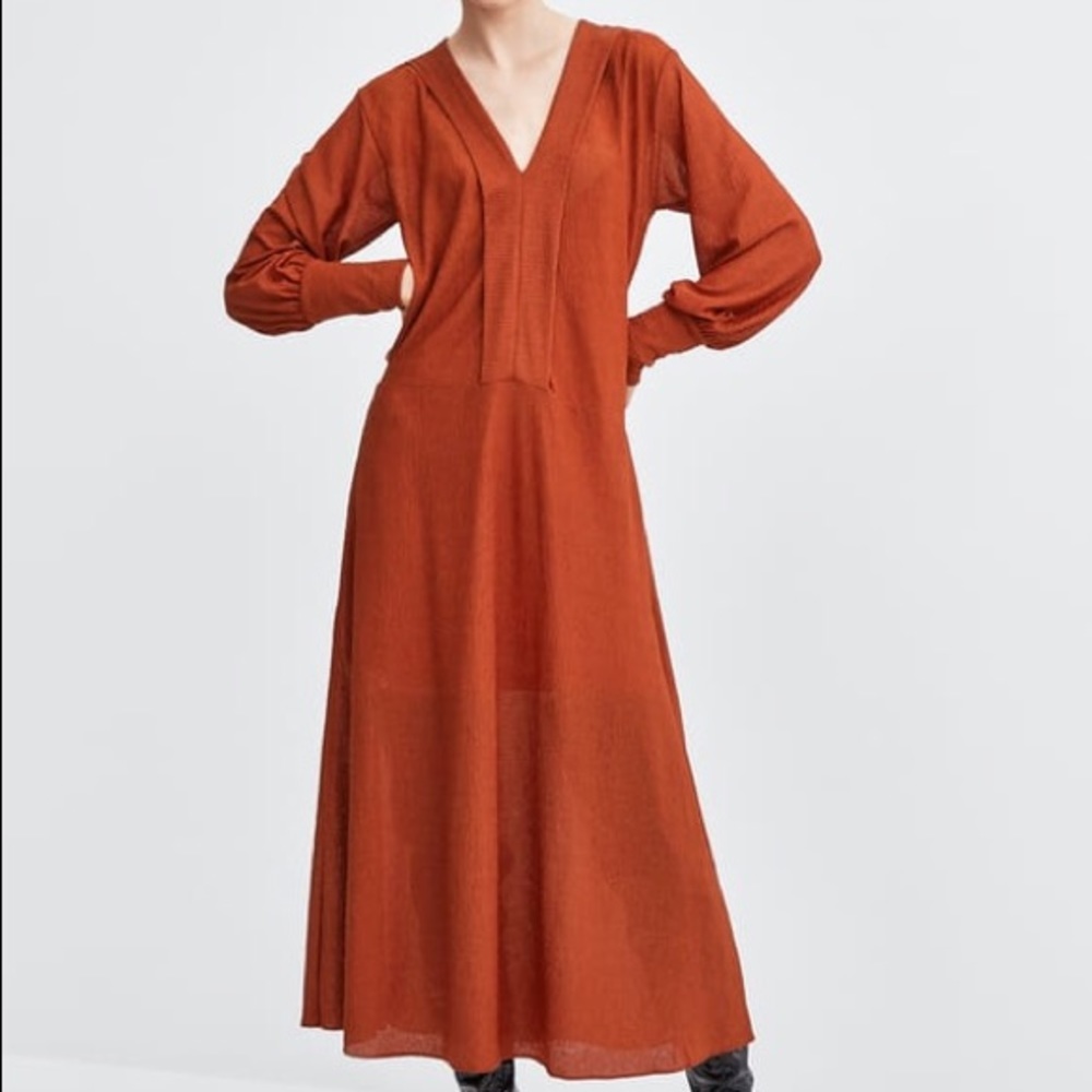 ZARA SHEER FLOWING BURNT ORANGE LONG SLEEVE DRESS NEW WITH TAGS SMALL